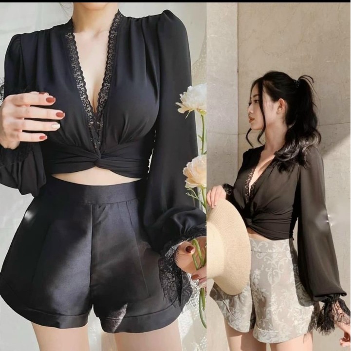 Áo Voan phối Ren dây cột nơ Cam Kết Hàng Y Hình ( Size dưới 55kg )