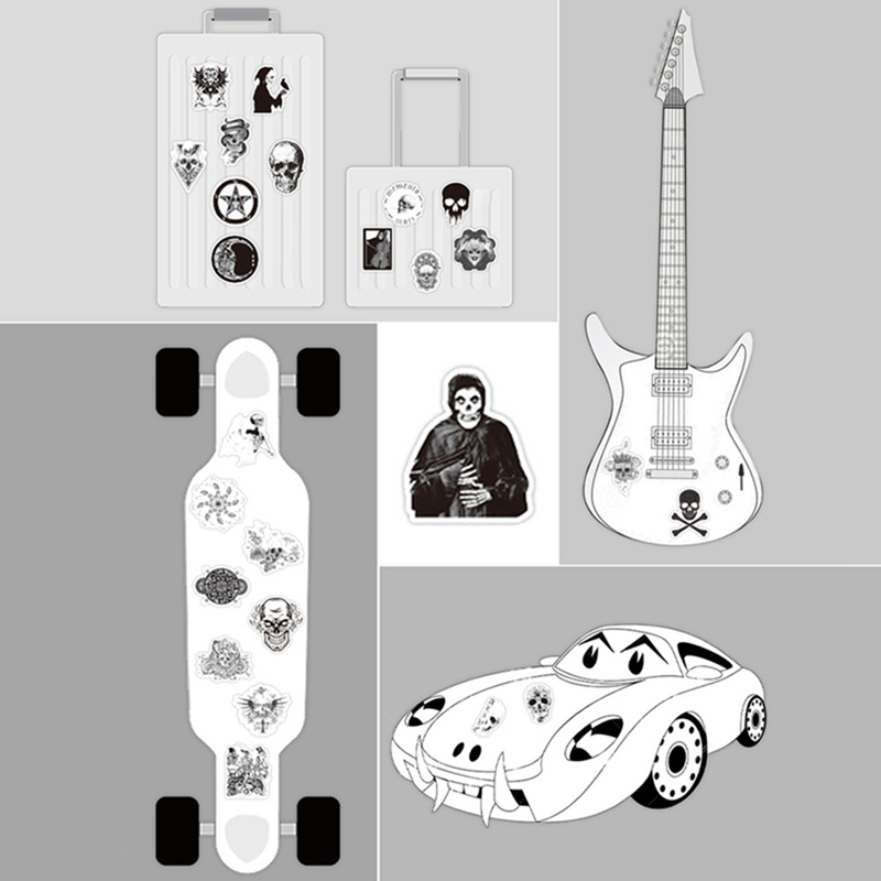 Bộ 50 miếng dán hình đầu lâu trắng đen trang trí ván trượt / sổ tay