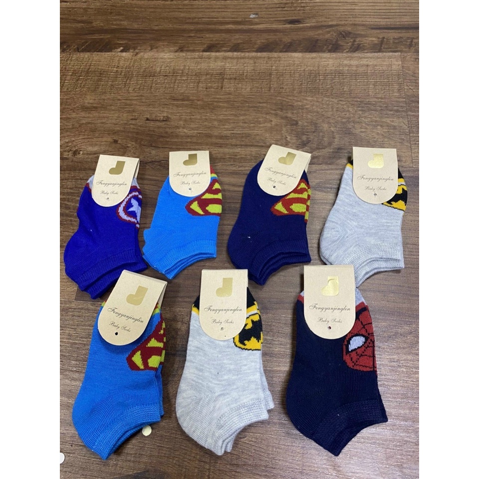 5 đôi tất cổ ngắn hình siêu nhân bé trai chất tất mỏng size cho bé 1-4 tuổi