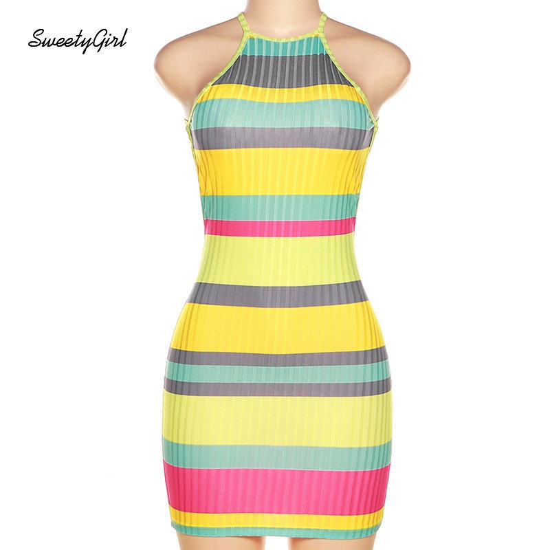 Đầm Mini Không Tay Cổ Tròn Họa Tiết Kẻ Sọc Nhiều Màu Sắc Ôm Dáng Thời Trang 2022 Cho Nữ