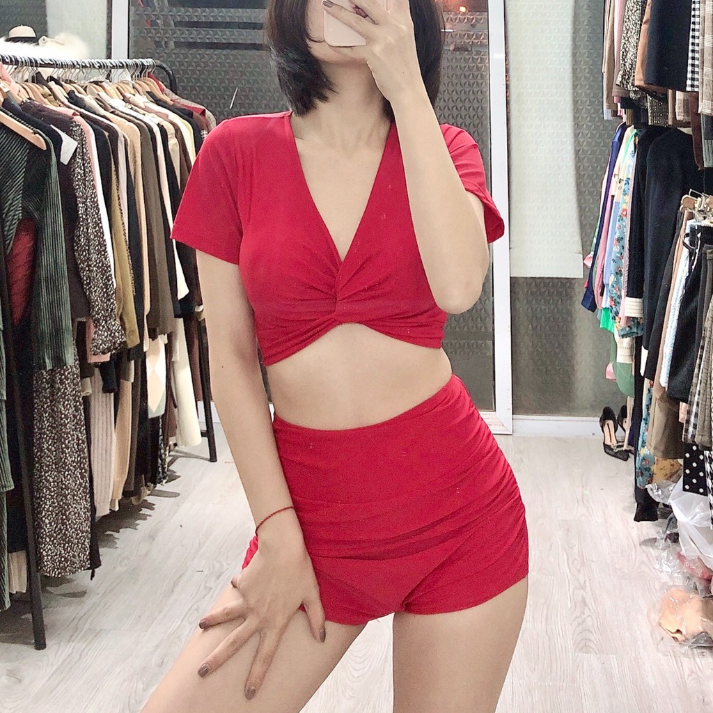 BIkini 2 mảnh áo cộc tay xoắn ngực, bộ bơi rời đi biển cho nữ quần đùi Bikini191 | BigBuy360 - bigbuy360.vn