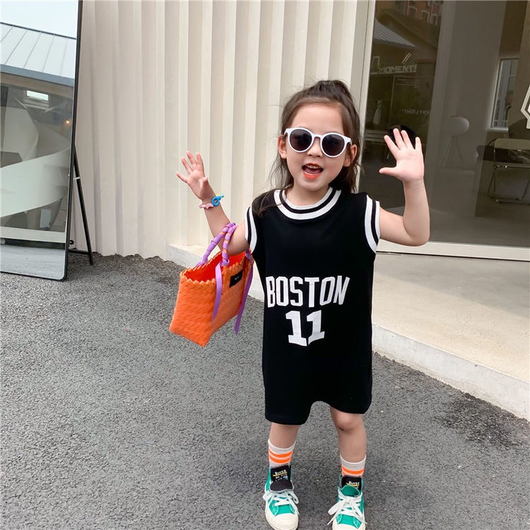 Đầm Cotton Chữ A Tay Lửng In Họa Tiết Bóng Rổ Thời Trang Mùa Hè Hàn Quốc Dành Cho Bé Gái