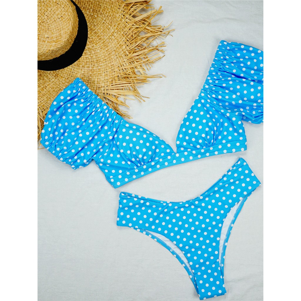 Trang phục bikini cổ V họa tiết chấm bi trắng/cam gợi cảm H156 | BigBuy360 - bigbuy360.vn