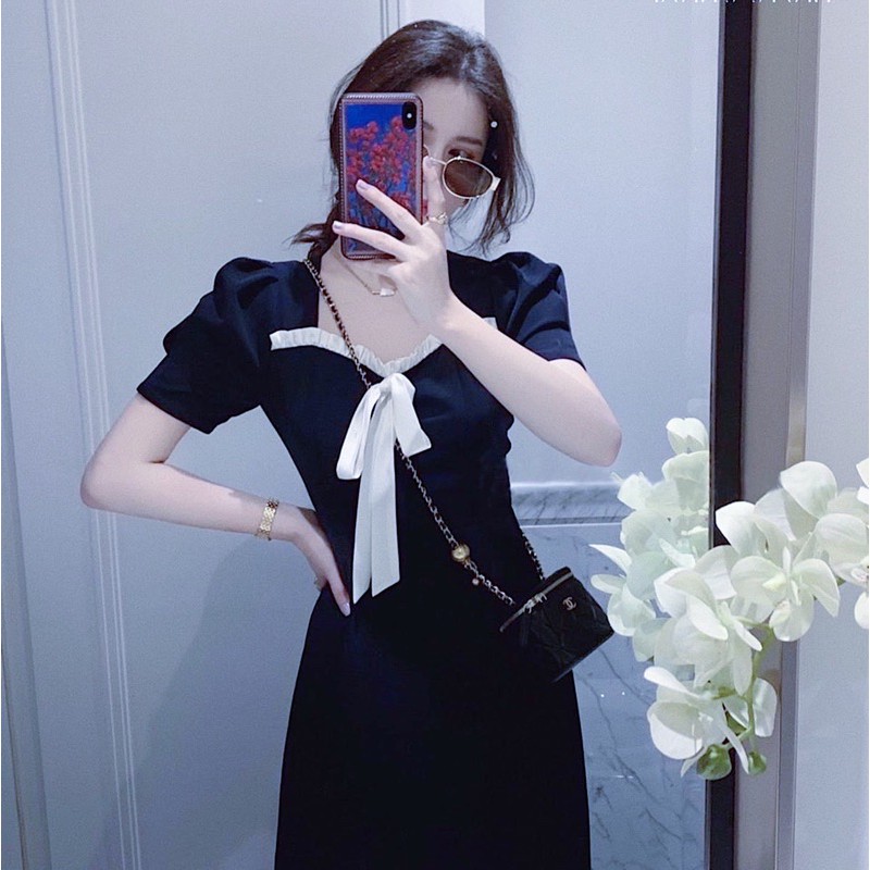 Đầm váy xanh đen phối trắng