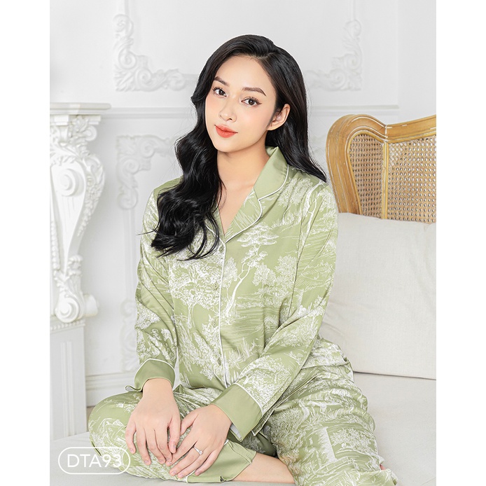 Bộ mặc nhà satin ZAM Luxury - DTA93 - Áo dài tay quần dài hoạ tiết