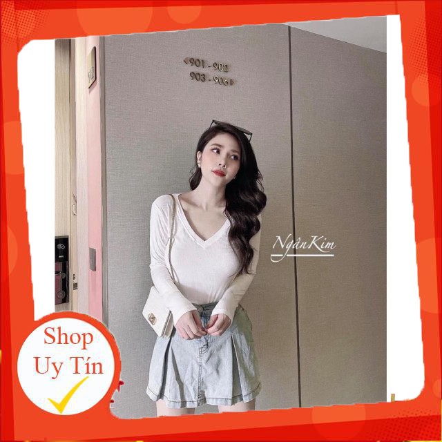 Áo Thun Tăm Giấy Cổ V Nữ 🌸 Phông cổ tim dài tay body dáng ôm màu Đen | Trắng | Hồng | Nâu Ulzzang HOT 🌸