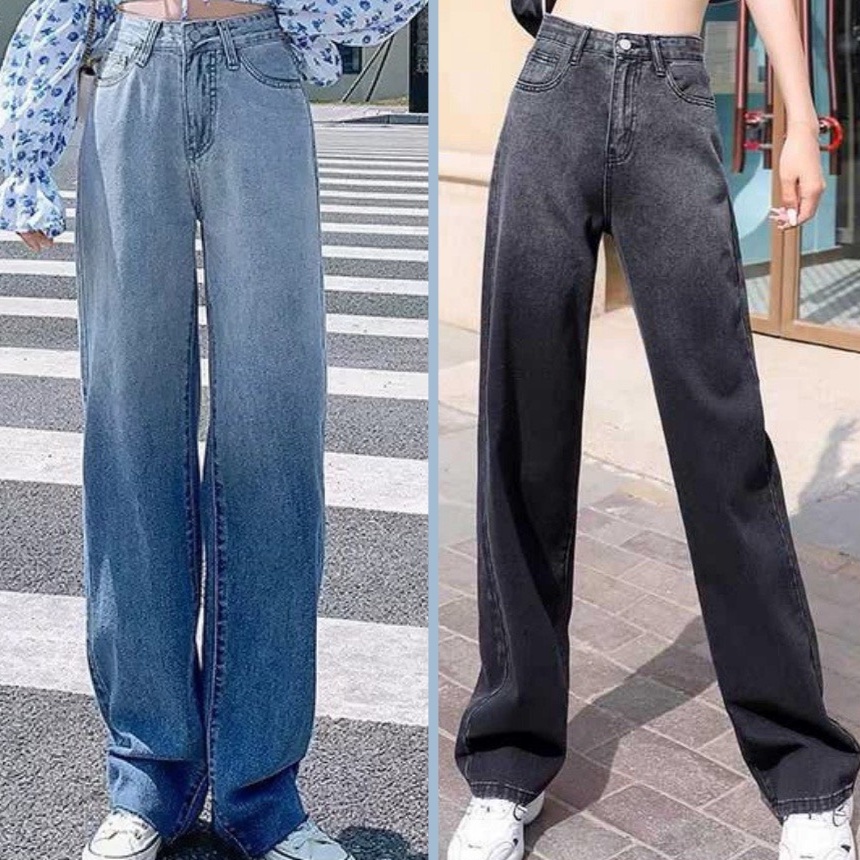 Quần Jeans Nữ Ống Rộng Loang Màu Xanh và Xám Chất Bò Dày Dặn Phong Cách Hàn Quốc Dài 100cm Lưng cao, TONGKHOQUANAONU