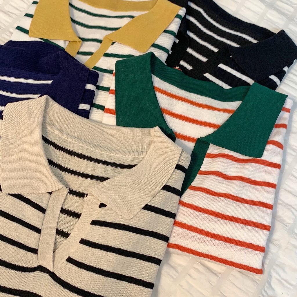 Áo polo Dài Tay Họa Tiết Sọc Ngang Thời Trang Dành Cho Nữ