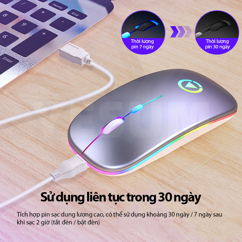 Chuột không dây kết nối Bluetooth có đèn đầy màu sắc không ồn ào dành cho máy tính/laptop A2