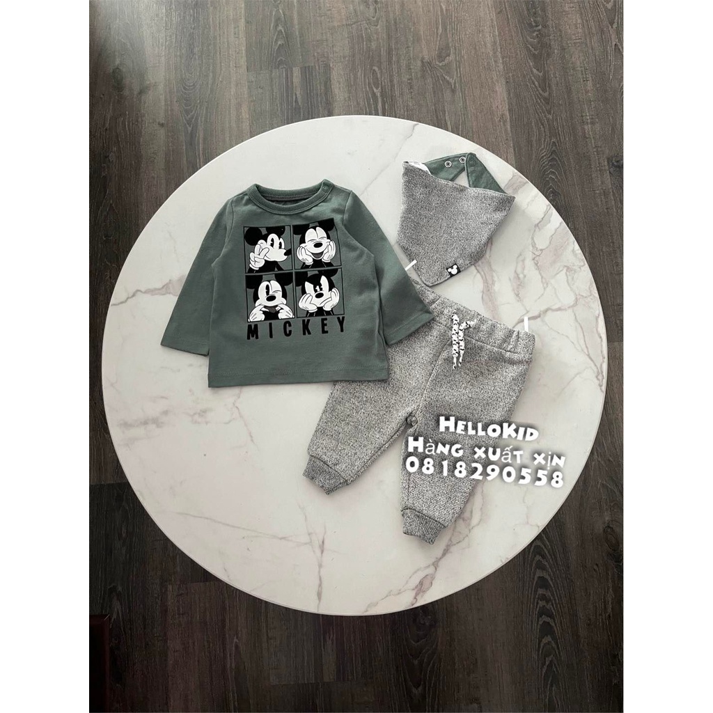 B419 - Bộ 3 chi tiết áo mickey xanh kèm quần muối tiêu bé trai ( tặng kèm khăn)