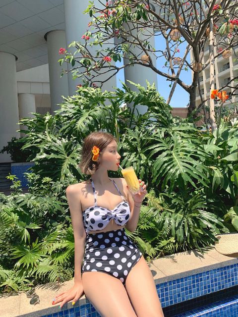 Bikini liền chấm bi cutout 2 màu hồng & đen (kèm ảnh thật sản phẩm) | BigBuy360 - bigbuy360.vn