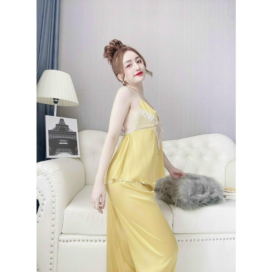 Bộ satin lưới áo hai dây, quần dài, siêu gợi cảm, quý phái cho nữ mặc nhà, mặc ngủ, màu cực tôn da