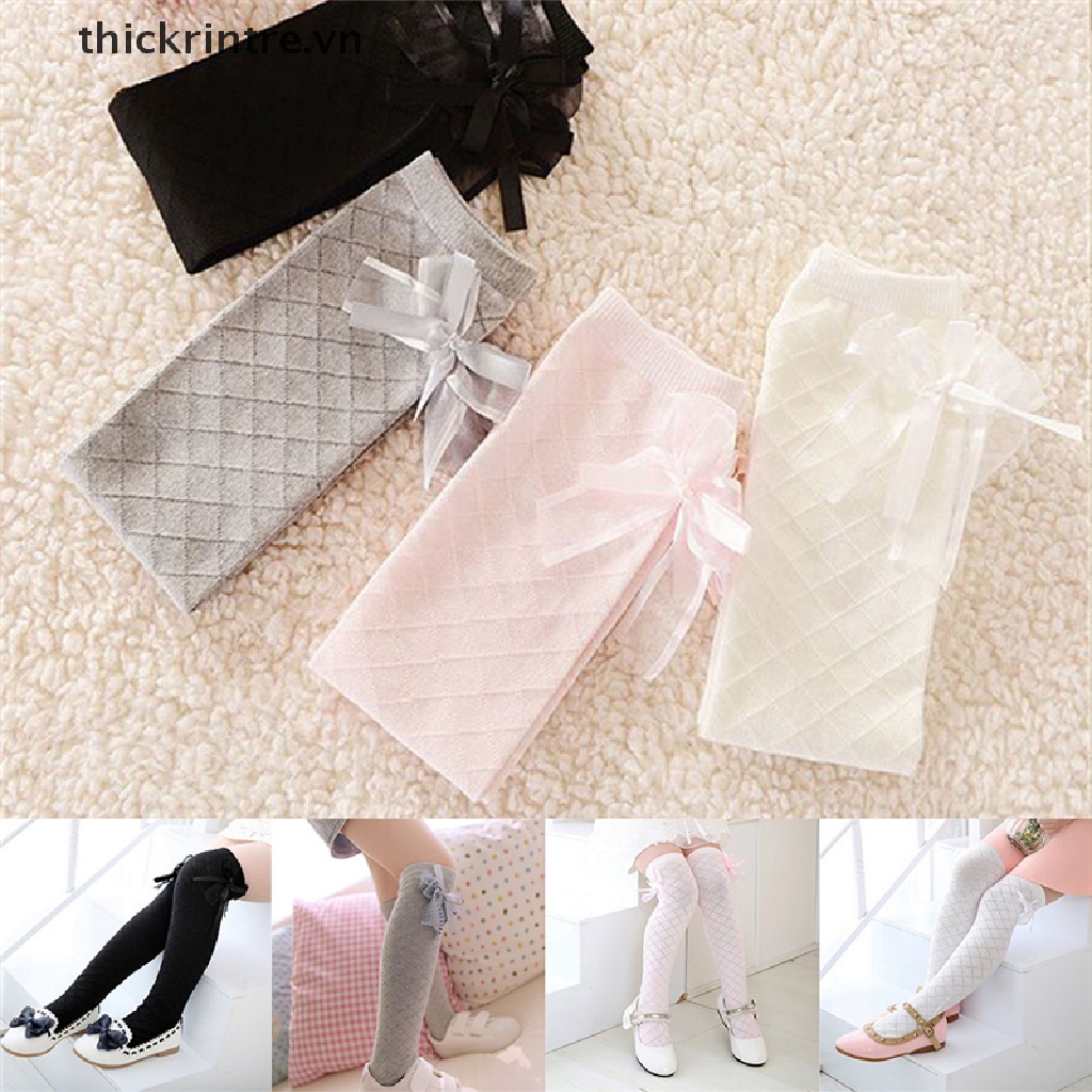 Đôi Tất Chân Cotton Cao Qua Gối Đính Nơ Dễ Thương Cho Bé Gái