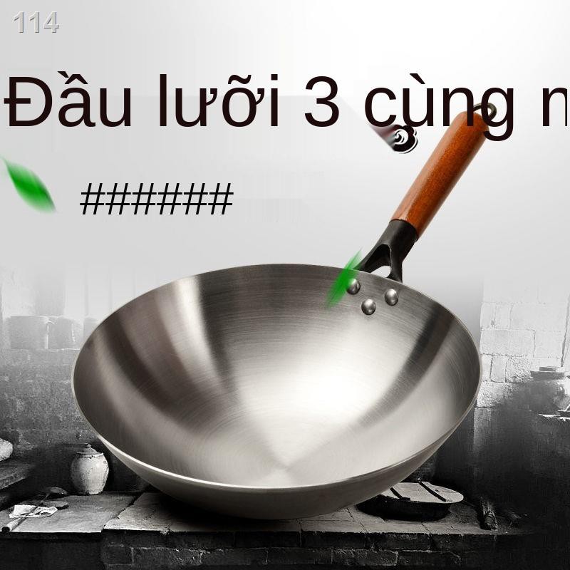 Nồi sắt Zhangqiu truyền thống kiểu cũ Chảo sắt nguyên chất tay cầm bằng gỗ Chảo gia dụng Bếp gas đáy tròn khỏe chảo khôn