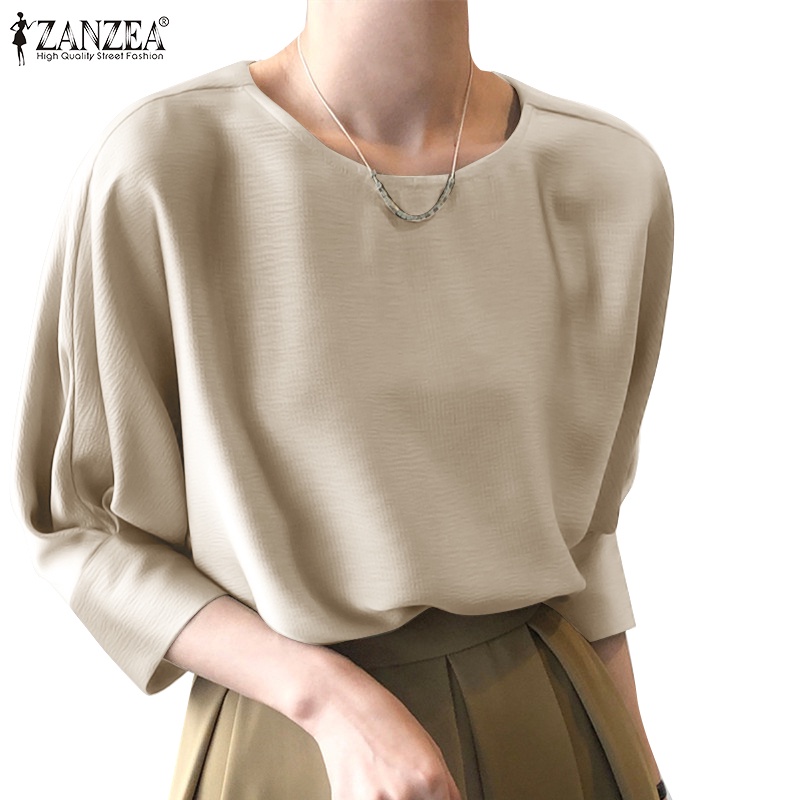 Áo kiểu Zanzea vải satin tay 3/ 4 cổ tròn cài nút thời trang cho nữ
