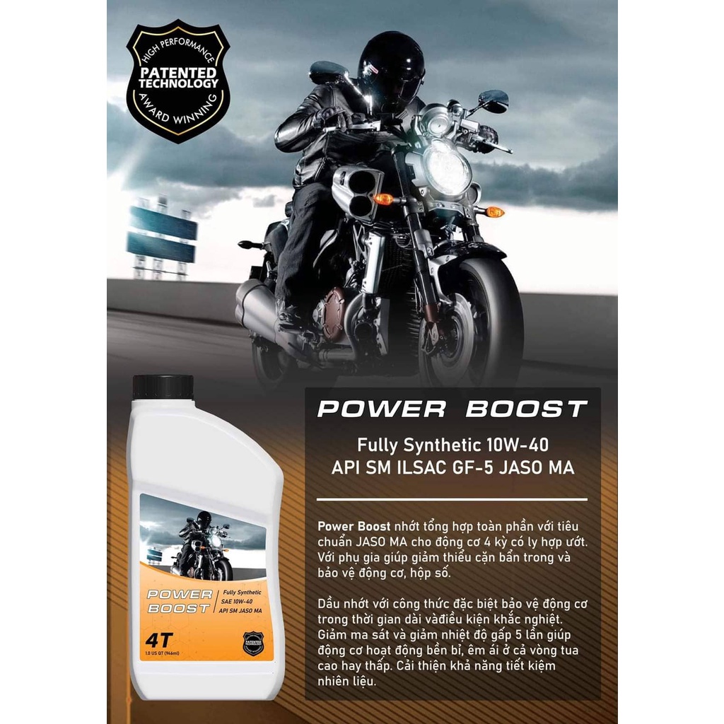 nhớt xe máy POWER BOOST fully synthetic 4t 10w-40 946ml xe số