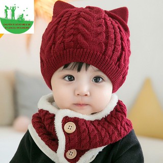 MŨ LEN MÙA ĐÔNG CHO BÉ TẶNG KHĂN QUÀNG CỔ CÀI CÚC
