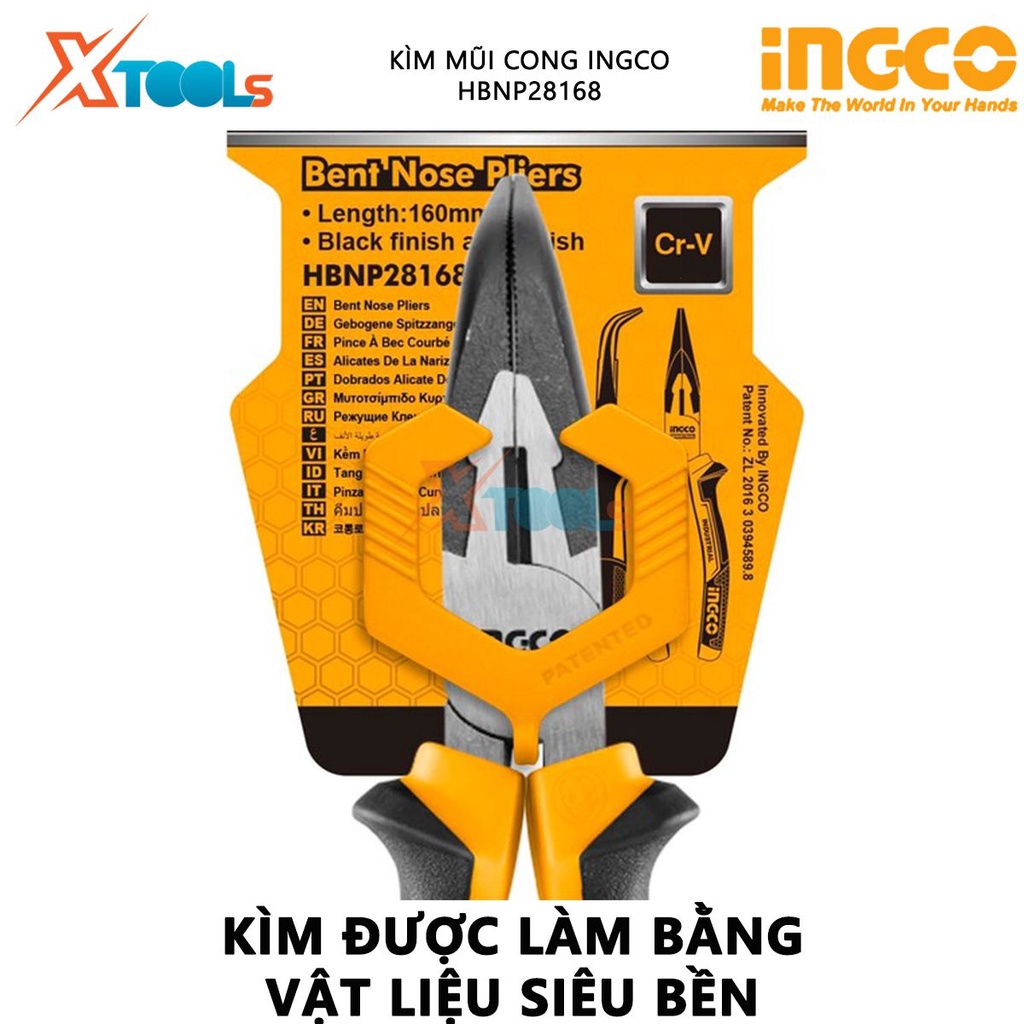 Kìm mũi nhọn mỏ cong INGCO HBNP28168 | Kìm tuốt dây điện Kích thước 6&quot;&quot;/ 160mm Đầu kềm được đánh bóng và chống gỉ dùng đ