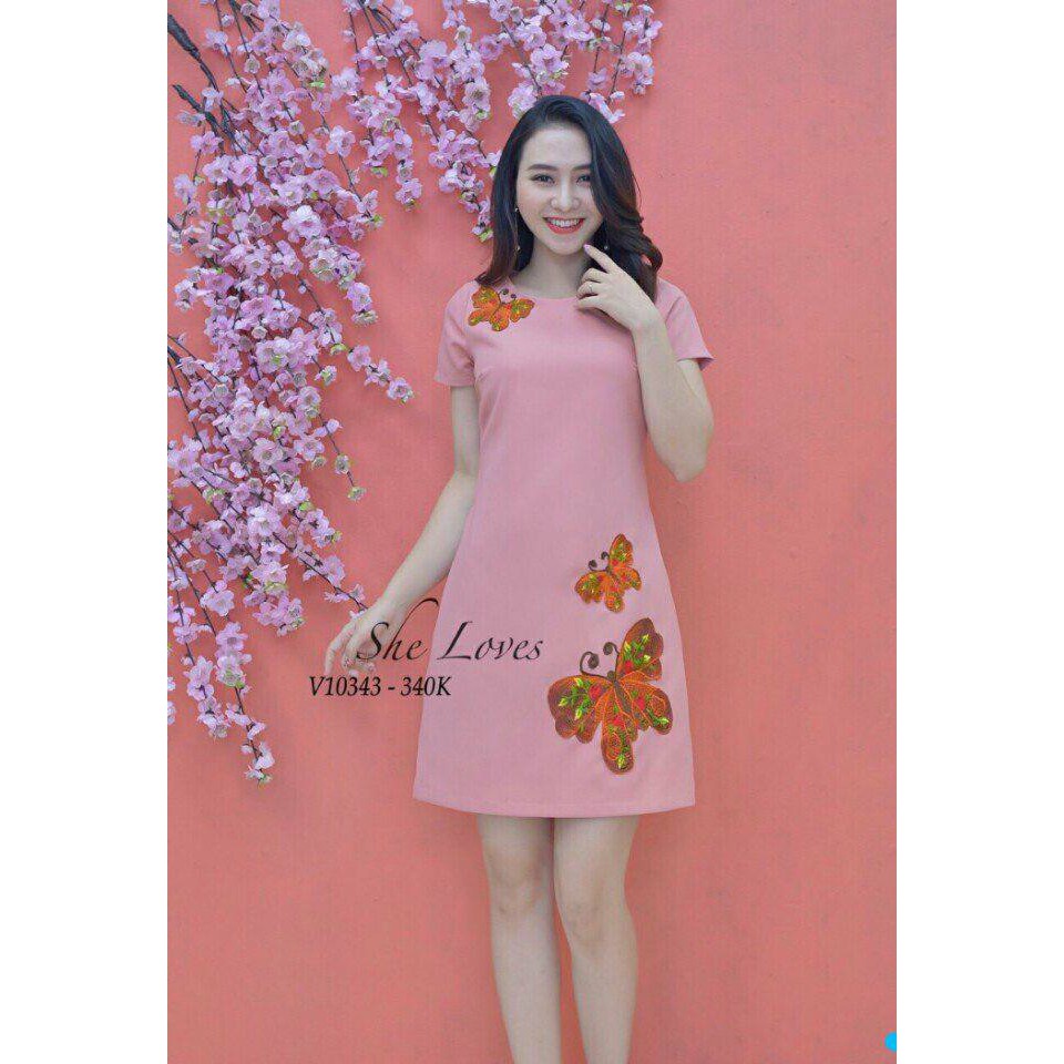 ĐẦM SUÔNG TAY CON ĐẮP BƯỚM THÊU D2417155 ( 2 màu )