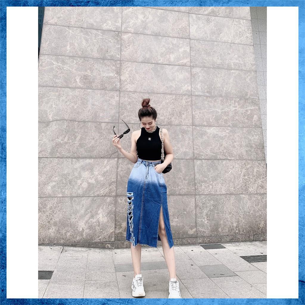 [Jeans nữ thiết kế] Chân váy jeans rách, chân váy bò dáng dài lưng cao túi chéo loang màu. Mã S8135 | BigBuy360 - bigbuy360.vn