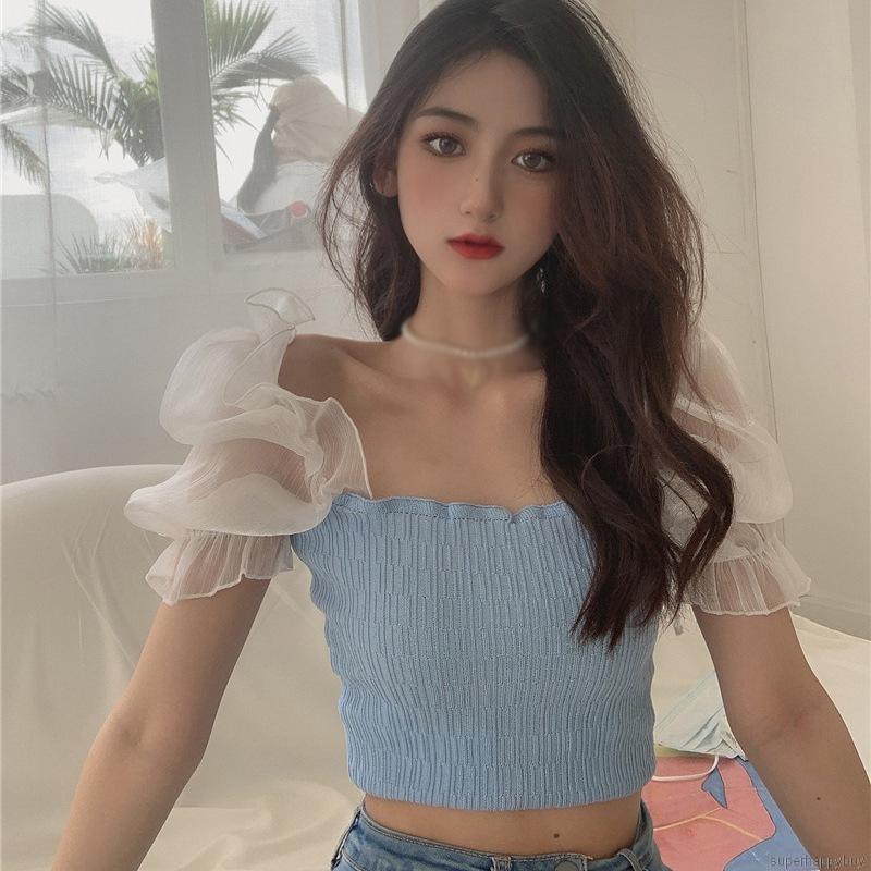 Áo Croptop Dệt Kim Tay Ngắn Cổ Vuông Phong Cách Hàn Quốc