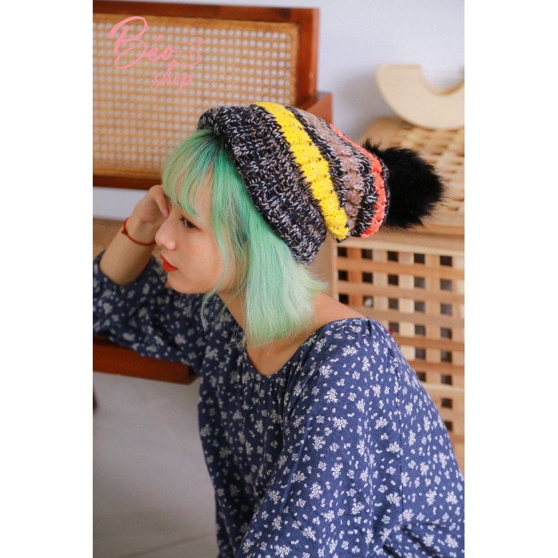 Mũ len kẻ sọc lót lông mềm mại thời trang Hàn quốc