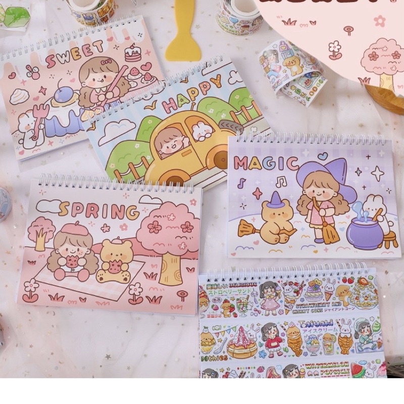 Sổ Chiết Washi Sticker Lò Xo 30 Tờ Hình Cô Gái Xinh Xắn
