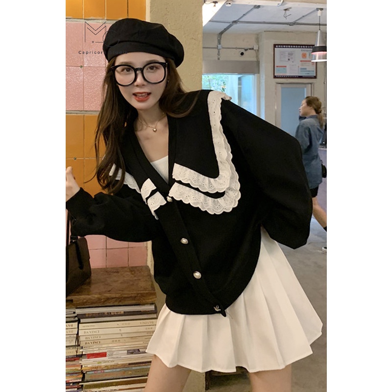 Áo khoác len màu đen cổ búp bê phong cách Hàn Quốc đáng yêu