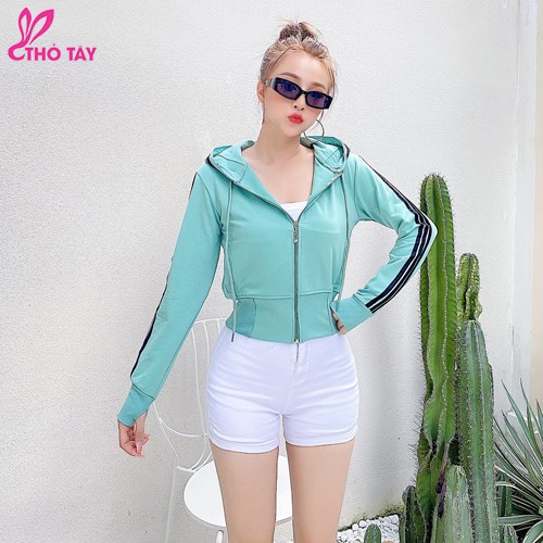 Áo khoác nữ croptop phối sọc tay và nón - THỎ TÂY | BigBuy360 - bigbuy360.vn
