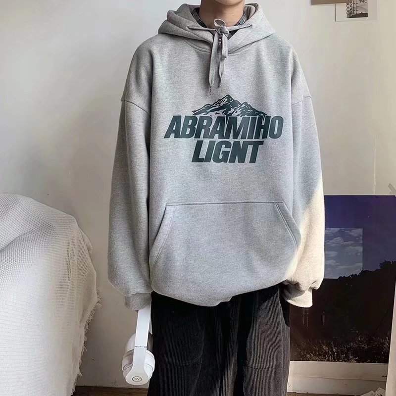 Áo hoodie dài tay dáng rộng màu trơn họa tiết hoạt hình thời trang Thu Đông cho nam