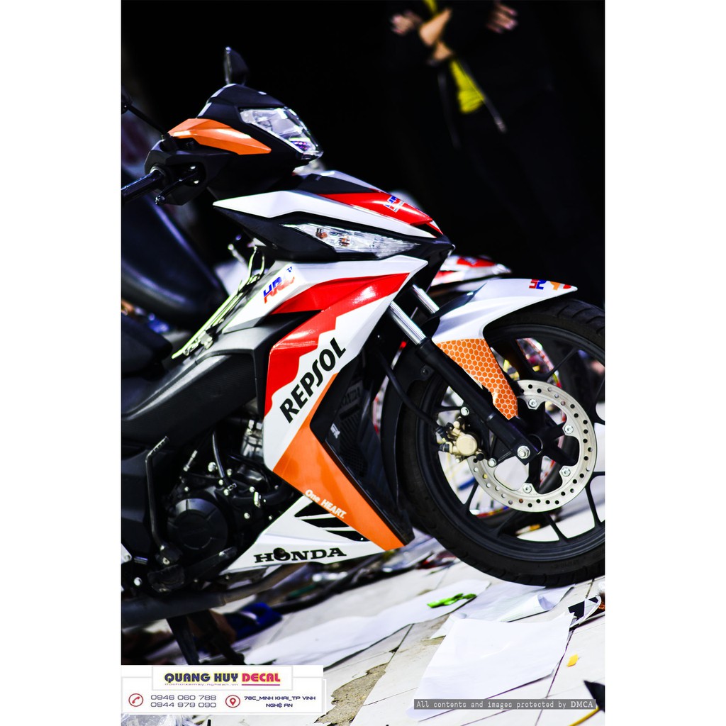 Tem trùm xe Winner đỏ cam trắng repsol 150 V1, độ thiết kế team dán phủ decal xe máy giá rẻ đẹp