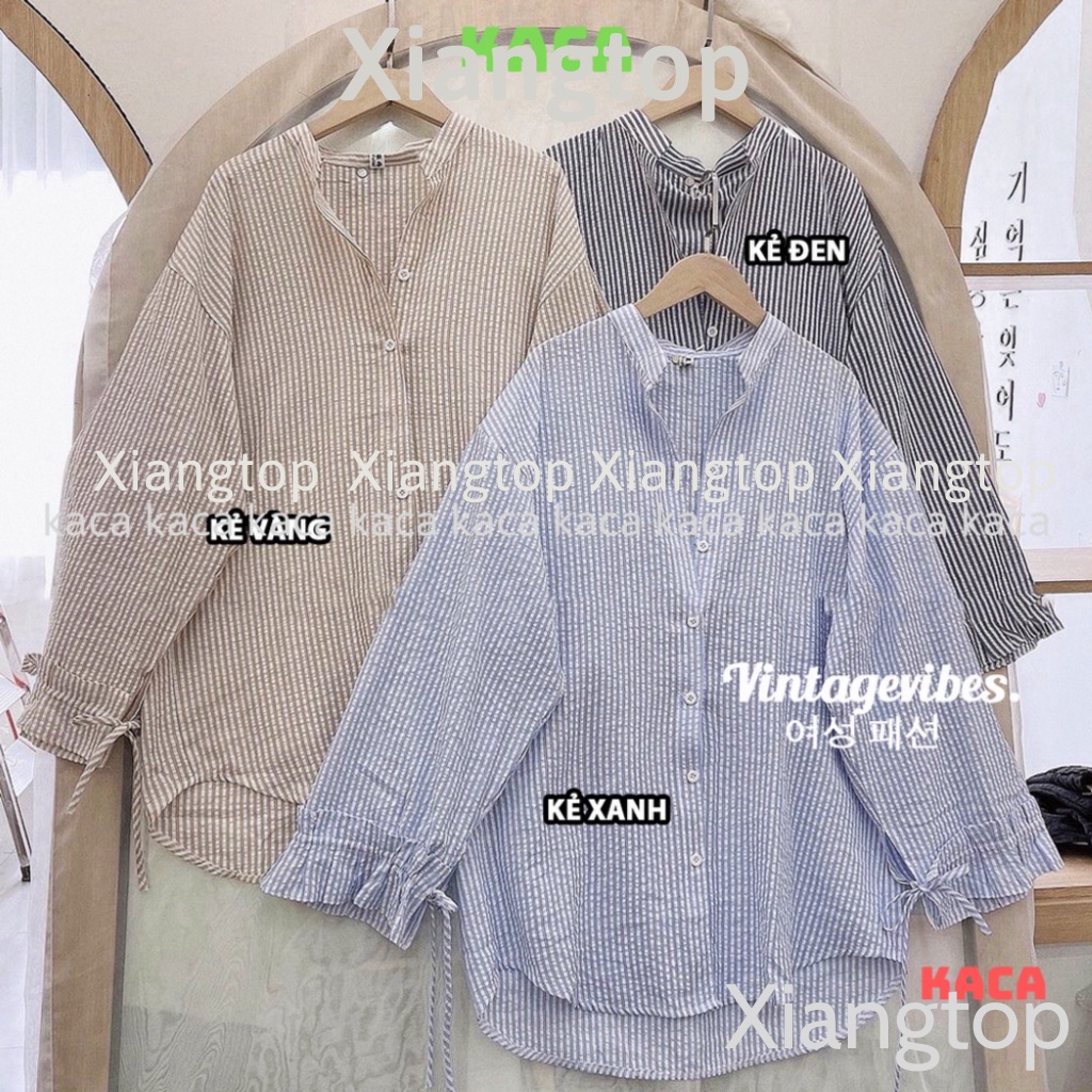 Áo sơ mi dáng rộng kẻ sọc cổ tàu tay phối bèo Ulzzang (hàng QC) - Ảnh thật kaca aosomicongsothietke | BigBuy360 - bigbuy360.vn