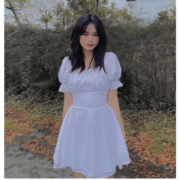Váy BaByDoll Tay Ngắn Nữ MEESTORE - Dáng Xòe Ôm Eo Màu Trắng Vintage Dễ Thương