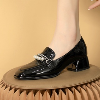 Giày Lười 4cm Chất Liệu Da Mềm Đính Ngọc Trai Phong Cách Anh Quốc