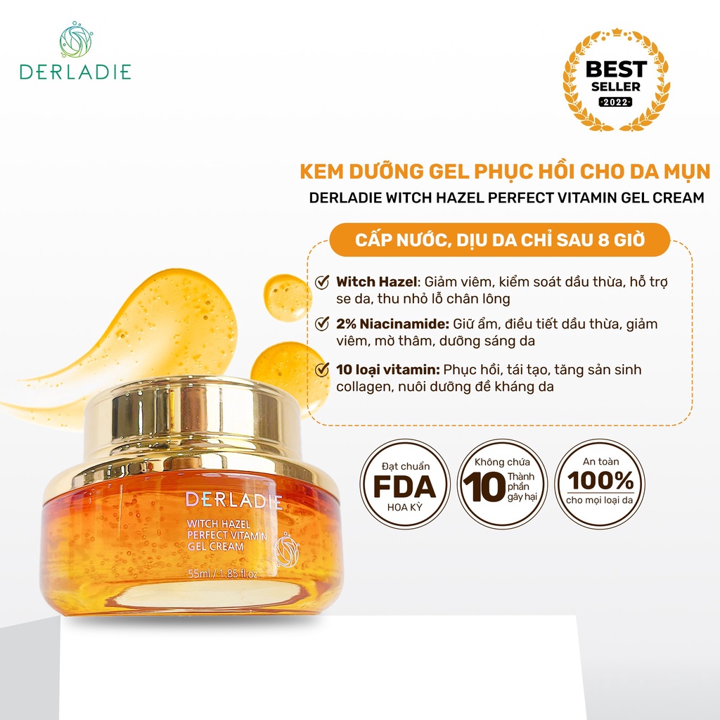 Bộ đôi Serum, Kem dưỡng Derladie Witch Hazel Perfect Vitamin ngừa mụn, giảm thâm, làm đầy sẹo rỗ