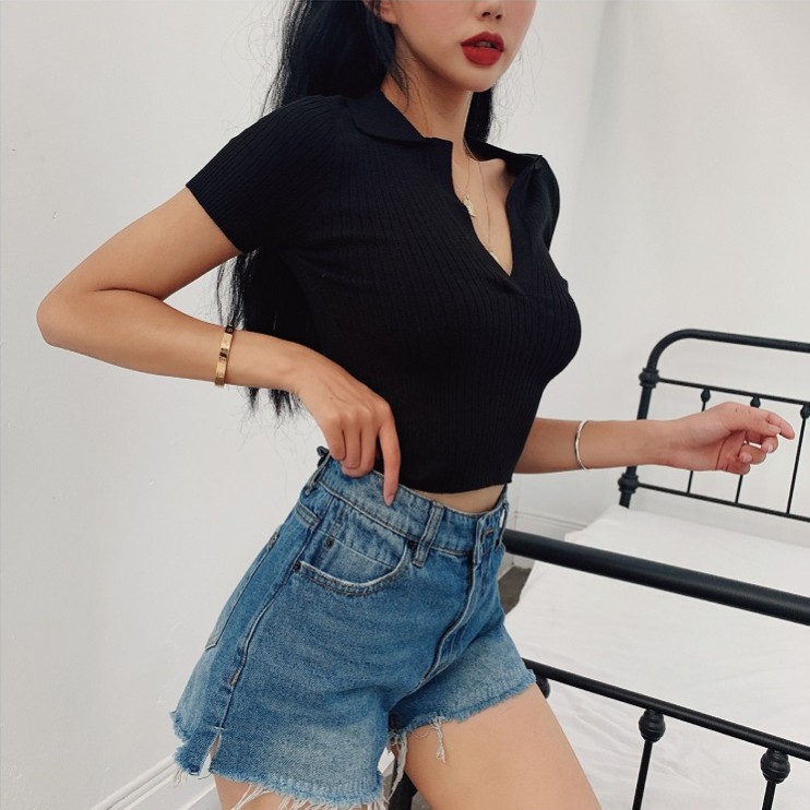 Áo thun POLO dệt kim tay ngắn cổ chữ V phong cách retro | BigBuy360 - bigbuy360.vn