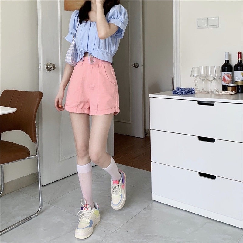Quần short denim chữ A cạp cao thời trang mùa hè cho nữ