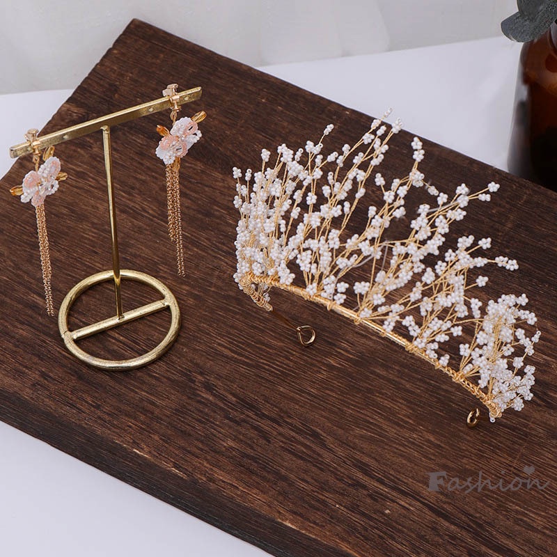 Đôi Khuyên Tai Dáng Dài Đính Ngọc Trai Và Vương Miện Xinh Xắn Cho Cô Dâu