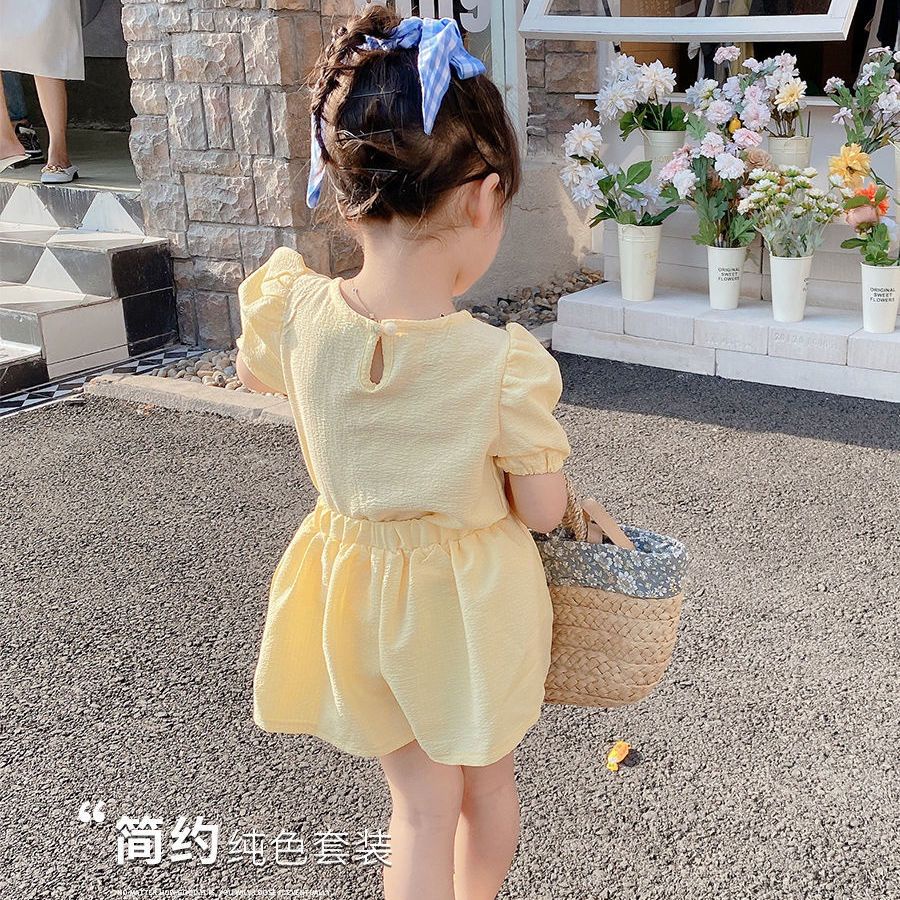 Bộ Áo Thun Tay Ngắn Phồng Đính Nơ + Quần Short Thời Trang Mùa Hè Hàn Quốc 2023 Mới Dành Cho Bé Gái