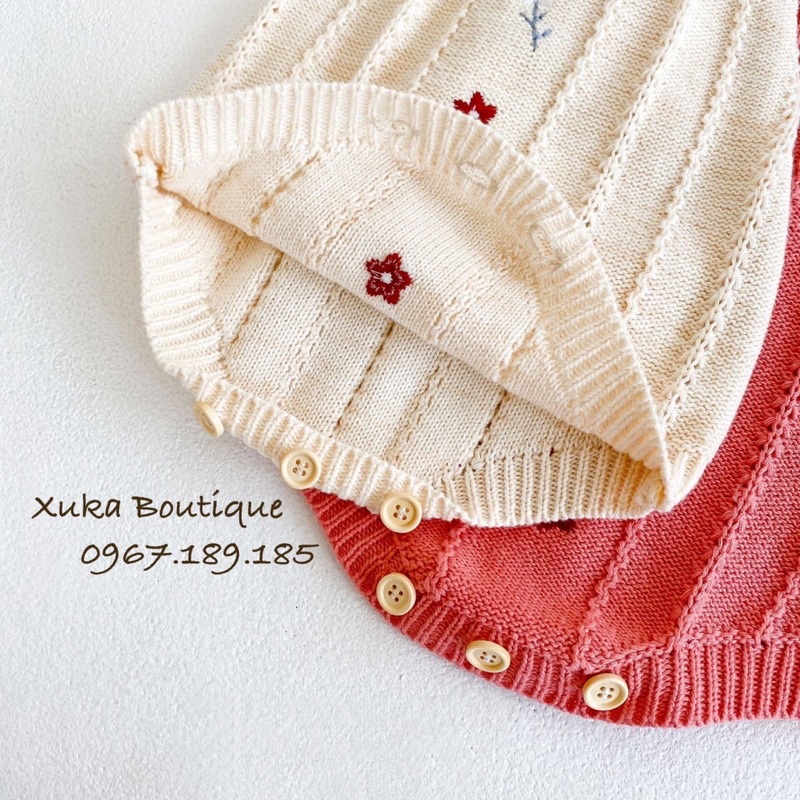 Áo Khoác Len Cardigan / Yếm Len Hồng Thêu Hoa Giữ Ấm Cho Bé Gái ,Body Trắng Cổ Tròn
