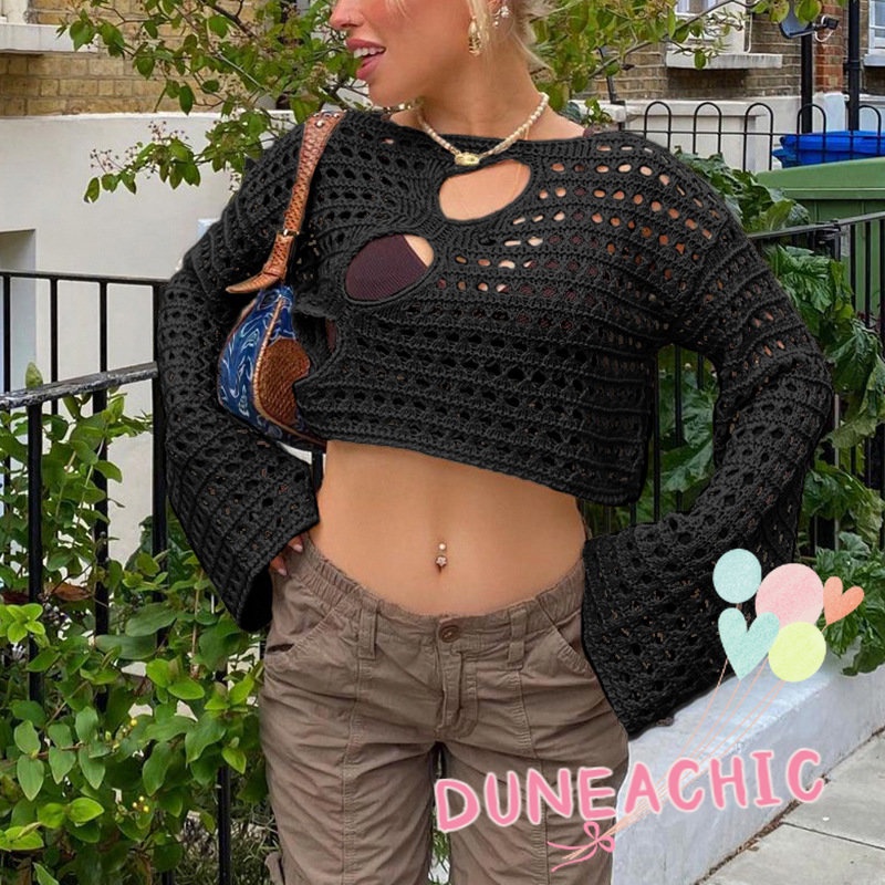 DUNEA Áo Dệt Kim Tay Dài Màu Trơn Phối Lưới Thời Trang Cho Nữ
