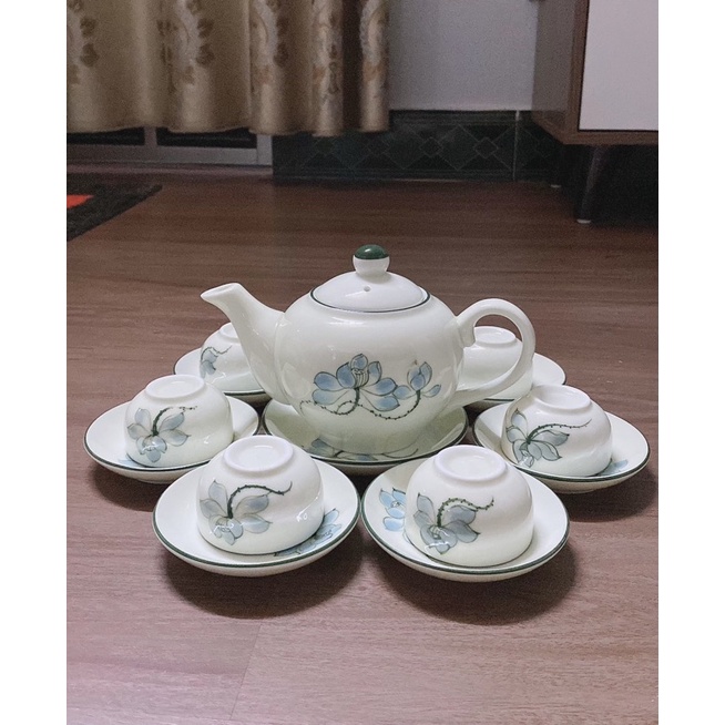 Bộ ấm trà, vẽ hoa sen ấm chén sứ Bát tràng cao cấp