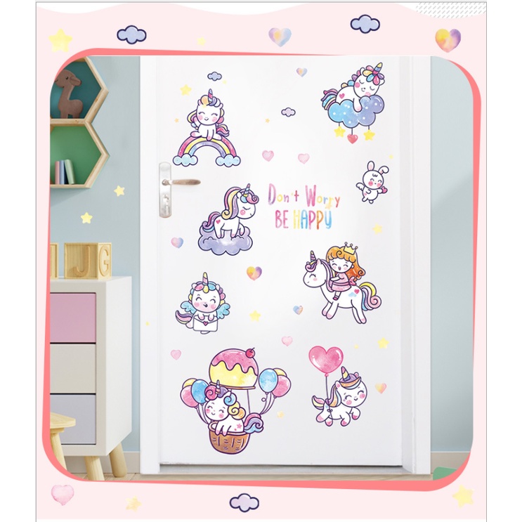 Decal dán tường trang trí - Kì lân hồng đáng yêu cho bé con