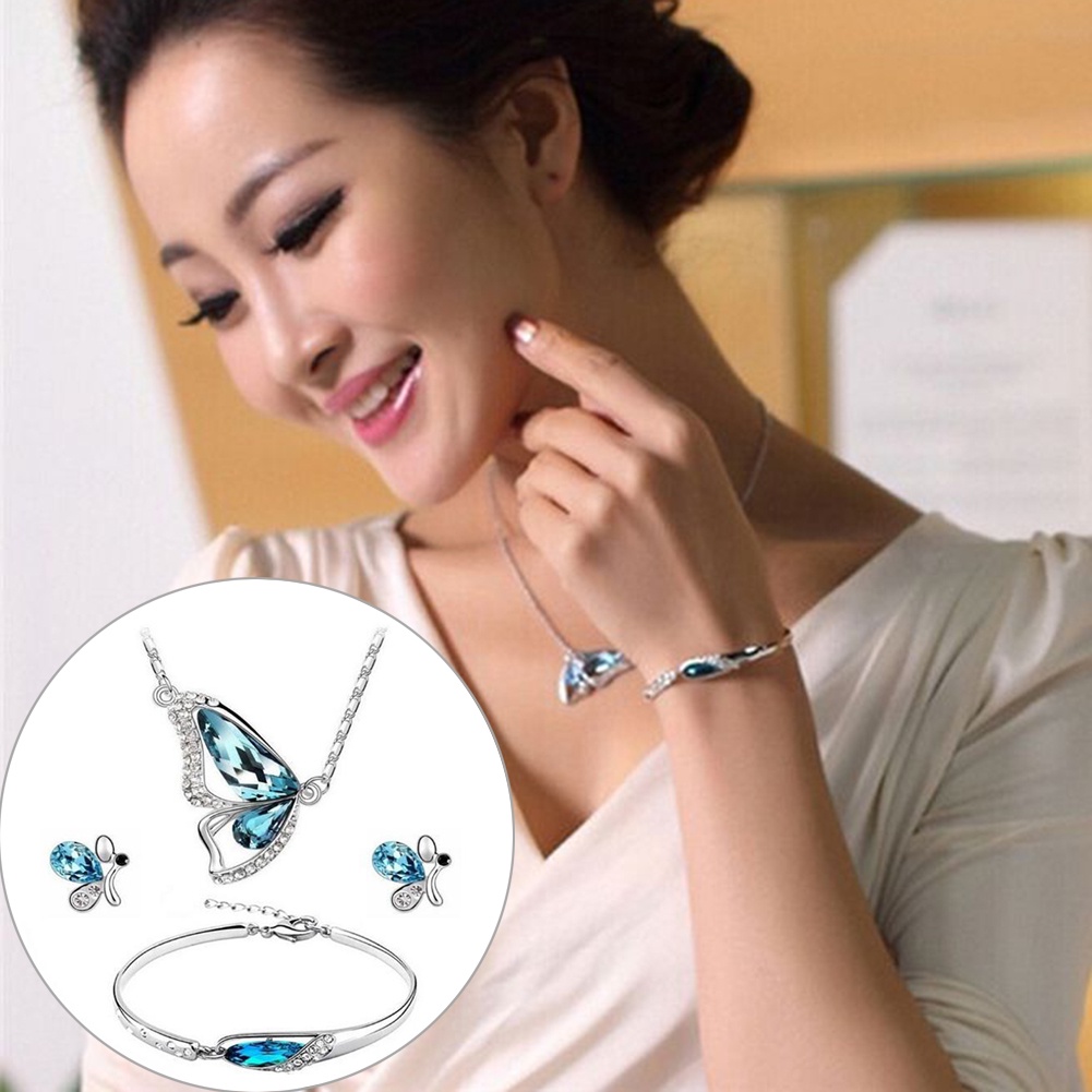 Bộ Vòng cổ + Vòng Đeo Tay + Đôi Khuyên Tai Mặt Hình Bướm Đính Đá Nhân Tạo Thời Trang Cho Nữ