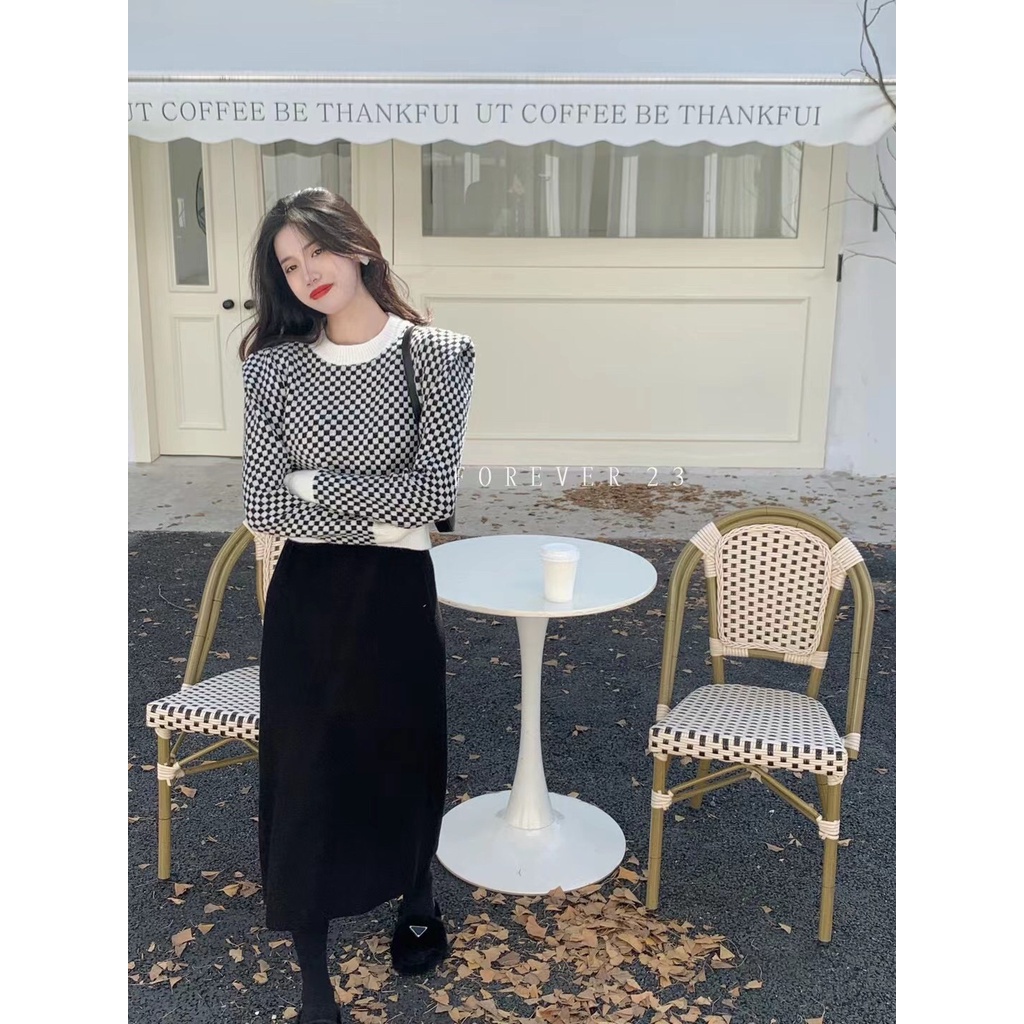 SUXI Áo croptop dệt kim tay dài cổ tròn họa tiết kẻ sọc thời trang Hàn Quốc cho nữ