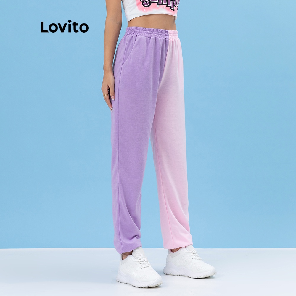 Quần Lovito dây rút ghép nối màu sắc trơn in họa tiết phong cách thể thao L06081 (Màu tím)