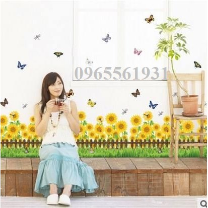 Decal dán tường,tranh chi tiết bóc dán sẵn keo chân tường hướng dương sẫm màu SK7060