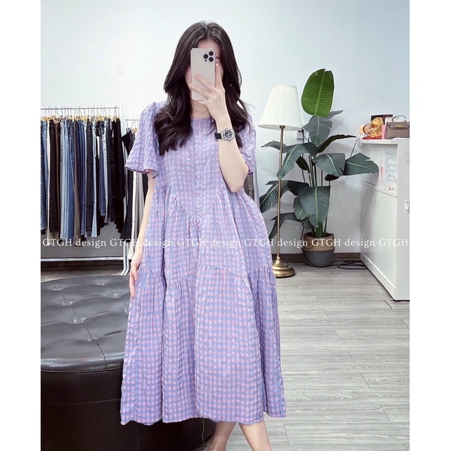 Đầm kẻ babydoll dáng dài siêu xinh- Váy kẻ hot che được mọi khuyết điểm