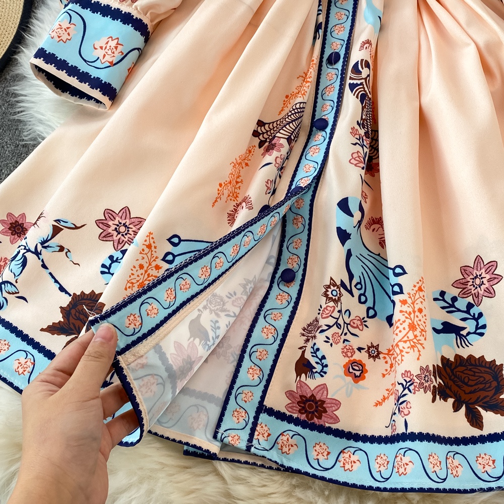 #2005  Đầm tay dài phong cách retro họa tiết bắt mắt đủ size viền xanh kèm thắt lưng