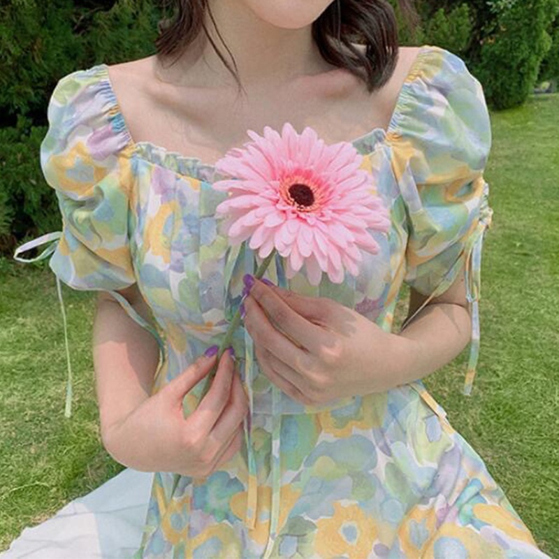 Đầm Cổ Vuông Tay Ngắn Phối Dây Rút Họa Tiết Hoa Phong Cách Pháp Thời Trang Mùa Hè Cho Nữ